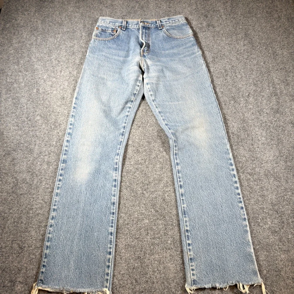 Levi's 517 Boot Cut Jeans Mens 29x34 Fit 27x31 Blue Distressed Frayed Denim Hem